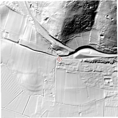 Shaded relief map of the ground around BS262AJ, computed from Environment Agency LiDAR. The ground here sits at about 25 m above sea level and falls 141 m across the surrounding 800 m. Surface water reaching this point runs off ground lying to the north-east, 122.7 m higher.