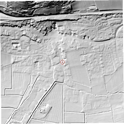Shaded relief map of the ground around BS262BA, computed from Environment Agency LiDAR. The ground here sits at about 11 m above sea level and falls 68 m across the surrounding 800 m. Surface water reaching this point runs off ground lying to the north, 24.4 m higher.