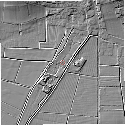 Shaded relief map of the ground around BS262DX, computed from Environment Agency LiDAR. The ground here sits at about 6 m above sea level and falls 14 m across the surrounding 800 m. Surface water reaching this point runs off ground lying to the south-west, 2.7 m higher.