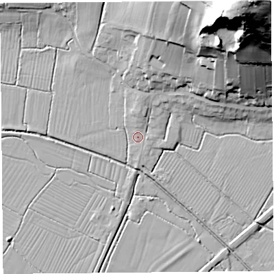 Shaded relief map of the ground around BS262EH, computed from Environment Agency LiDAR. The ground here sits at about 7 m above sea level and falls 89 m across the surrounding 800 m. Surface water reaching this point runs off ground lying to the north, 2.0 m higher.