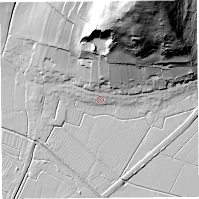 Shaded relief map of the ground around BS262EQ, computed from Environment Agency LiDAR. The ground here sits at about 9 m above sea level and falls 112 m across the surrounding 800 m. Surface water reaching this point runs off ground lying to the north, 28.7 m higher.