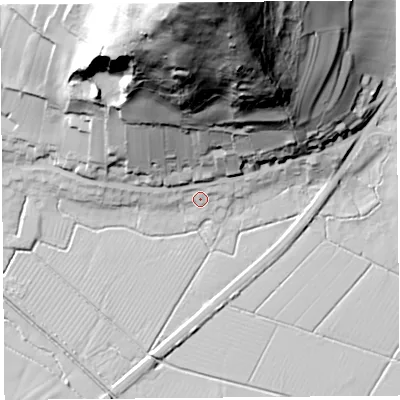 Shaded relief map of the ground around BS262FE, computed from Environment Agency LiDAR. The ground here sits at about 8 m above sea level and falls 109 m across the surrounding 800 m. Surface water reaching this point runs off ground lying to the north, 106.9 m higher.