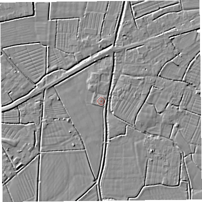 Shaded relief map of the ground around BS262FP, computed from Environment Agency LiDAR. The ground here sits at about 6 m above sea level and falls 3 m across the surrounding 800 m. Surface water reaching this point runs off ground lying to the east-north-east, 1.4 m higher.