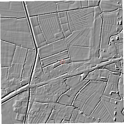 Shaded relief map of the ground around BS262FT, computed from Environment Agency LiDAR. The ground here sits at about 6 m above sea level and falls 3 m across the surrounding 800 m. Surface water reaching this point runs off ground lying to the south-south-east, 1.4 m higher.