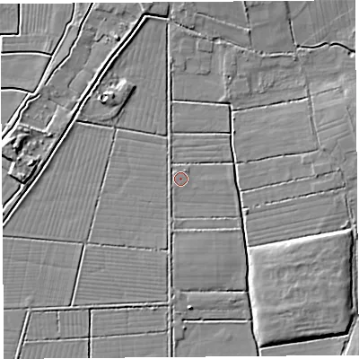 Shaded relief map of the ground around BS262FU, computed from Environment Agency LiDAR. The ground here sits at about 6 m above sea level and falls 7 m across the surrounding 800 m. Surface water reaching this point runs off ground lying to the west-south-west, 0.8 m higher.