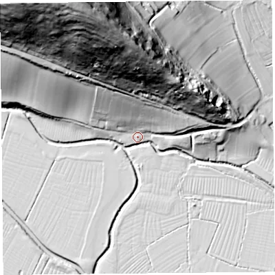 Shaded relief map of the ground around BS262HJ, computed from Environment Agency LiDAR. The ground here sits at about 7 m above sea level and falls 106 m across the surrounding 800 m. Surface water reaching this point runs off ground lying to the north-north-west, 94.4 m higher.