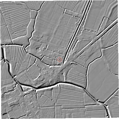 Shaded relief map of the ground around BS262JB, computed from Environment Agency LiDAR. The ground here sits at about 7 m above sea level and falls 4 m across the surrounding 800 m. Surface water reaching this point runs off ground lying to the south-south-east, 0.7 m higher.