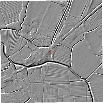Shaded relief map of the ground around BS262JE, computed from Environment Agency LiDAR. The ground here sits at about 7 m above sea level and falls 4 m across the surrounding 800 m. Surface water reaching this point runs off ground lying to the north-west, 1.5 m higher.