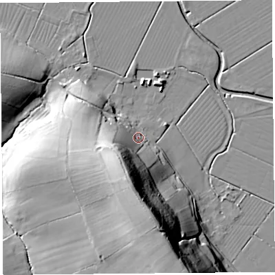 Shaded relief map of the ground around BS262LH, computed from Environment Agency LiDAR. The ground here sits at about 12 m above sea level and falls 45 m across the surrounding 800 m. Surface water reaching this point runs off ground lying to the south-south-west, 31.7 m higher.