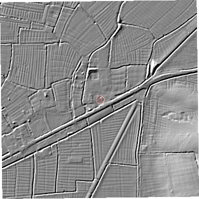 Shaded relief map of the ground around BS262QA, computed from Environment Agency LiDAR. The ground here sits at about 6 m above sea level and falls 10 m across the surrounding 800 m. Surface water reaching this point runs off ground lying to the east-north-east, 2.6 m higher.