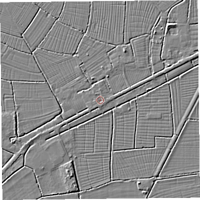 Shaded relief map of the ground around BS262RD, computed from Environment Agency LiDAR. The ground here sits at about 6 m above sea level and falls 3 m across the surrounding 800 m. Surface water reaching this point runs off ground lying to the south-west, 0.6 m higher.