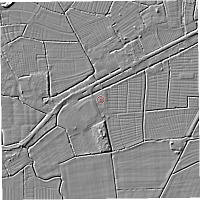 Shaded relief map of the ground around BS262RE, computed from Environment Agency LiDAR. The ground here sits at about 6 m above sea level and falls 4 m across the surrounding 800 m. Surface water reaching this point runs off ground lying to the west-south-west, 0.8 m higher.