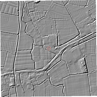 Shaded relief map of the ground around BS262RG, computed from Environment Agency LiDAR. The ground here sits at about 6 m above sea level and falls 4 m across the surrounding 800 m. Surface water reaching this point runs off ground lying to the south, 1.9 m higher.