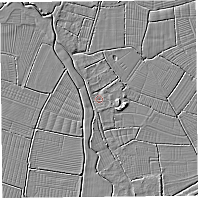 Shaded relief map of the ground around BS262RH, computed from Environment Agency LiDAR. The ground here sits at about 6 m above sea level and falls 5 m across the surrounding 800 m. Surface water reaching this point runs off ground lying to the north-east, 1.6 m higher.