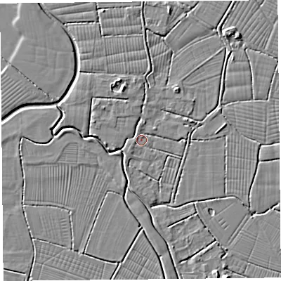 Shaded relief map of the ground around BS262RJ, computed from Environment Agency LiDAR. The ground here sits at about 6 m above sea level and falls 5 m across the surrounding 800 m. Surface water reaching this point runs off ground lying to the north-west, 1.6 m higher.
