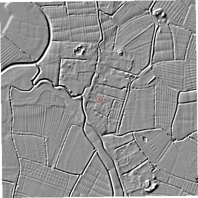 Shaded relief map of the ground around BS262RL, computed from Environment Agency LiDAR. The ground here sits at about 6 m above sea level and falls 5 m across the surrounding 800 m. Surface water reaching this point runs off ground lying to the west-south-west, 1.0 m higher.