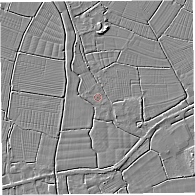 Shaded relief map of the ground around BS262RQ, computed from Environment Agency LiDAR. The ground here sits at about 6 m above sea level and falls 5 m across the surrounding 800 m. The ground contributing surface water to this point lies to the west.