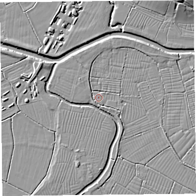 Shaded relief map of the ground around BS262RS, computed from Environment Agency LiDAR. The ground here sits at about 6 m above sea level and falls 10 m across the surrounding 800 m. Surface water reaching this point runs off ground lying to the south-west, 1.7 m higher.