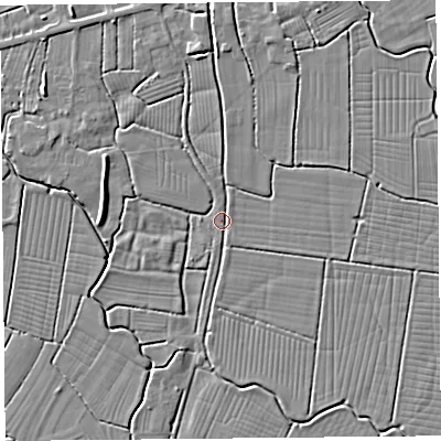 Shaded relief map of the ground around BS262SF, computed from Environment Agency LiDAR. The ground here sits at about 5 m above sea level and falls 3 m across the surrounding 800 m. Surface water reaching this point runs off ground lying to the west-north-west, 3.0 m higher.