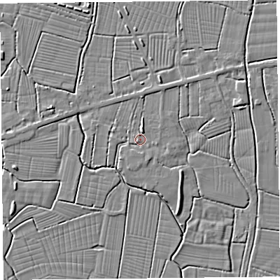 Shaded relief map of the ground around BS262SL, computed from Environment Agency LiDAR. The ground here sits at about 6 m above sea level and falls 3 m across the surrounding 800 m. Surface water reaching this point runs off ground lying to the north-north-east, 2.0 m higher.