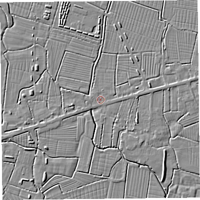 Shaded relief map of the ground around BS262SN, computed from Environment Agency LiDAR. The ground here sits at about 6 m above sea level and falls 3 m across the surrounding 800 m. Surface water reaching this point runs off ground lying to the south-south-west, 0.6 m higher.