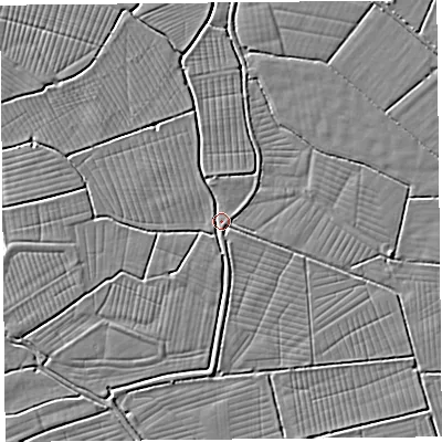 Shaded relief map of the ground around BS262SQ, computed from Environment Agency LiDAR. The ground here sits at about 5 m above sea level and falls 2 m across the surrounding 800 m. Surface water reaching this point runs off ground lying to the north-north-west, 1.4 m higher.