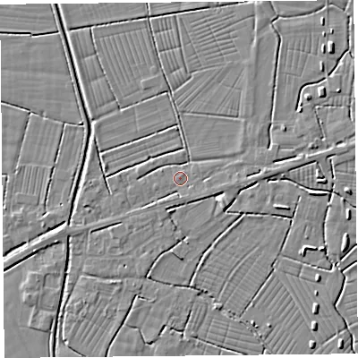 Shaded relief map of the ground around BS262TB, computed from Environment Agency LiDAR. The ground here sits at about 6 m above sea level and falls 3 m across the surrounding 800 m. Surface water reaching this point runs off ground lying to the south, 0.8 m higher.