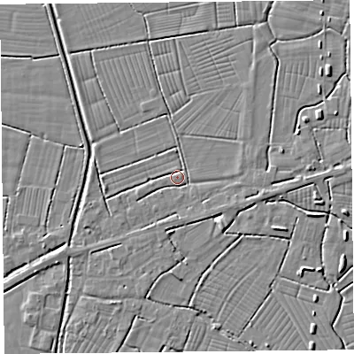 Shaded relief map of the ground around BS262TD, computed from Environment Agency LiDAR. The ground here sits at about 6 m above sea level and falls 3 m across the surrounding 800 m. Surface water reaching this point runs off ground lying to the east-south-east, 1.8 m higher.
