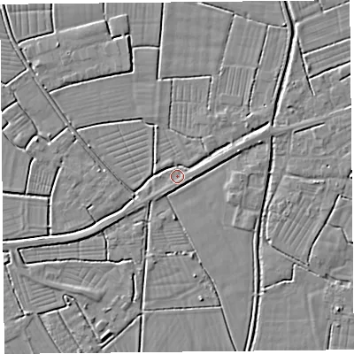 Shaded relief map of the ground around BS262TG, computed from Environment Agency LiDAR. The ground here sits at about 6 m above sea level and falls 3 m across the surrounding 800 m. Surface water reaching this point runs off ground lying to the east-north-east, 2.0 m higher.