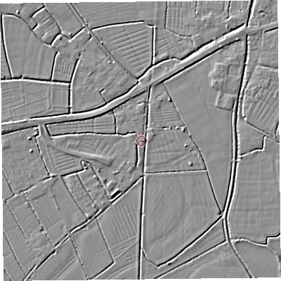 Shaded relief map of the ground around BS262TH, computed from Environment Agency LiDAR. The ground here sits at about 6 m above sea level and falls 3 m across the surrounding 800 m. Surface water reaching this point runs off ground lying to the north-west, 2.1 m higher.