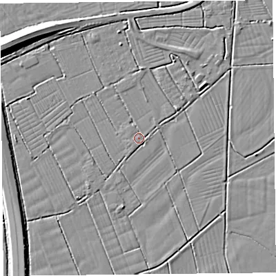 Shaded relief map of the ground around BS262TL, computed from Environment Agency LiDAR. The ground here sits at about 6 m above sea level and falls 9 m across the surrounding 800 m. Surface water reaching this point runs off ground lying to the south-west, 1.1 m higher.