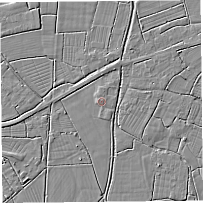 Shaded relief map of the ground around BS262TP, computed from Environment Agency LiDAR. The ground here sits at about 6 m above sea level and falls 3 m across the surrounding 800 m. Surface water reaching this point runs off ground lying to the north-north-east, 0.8 m higher.
