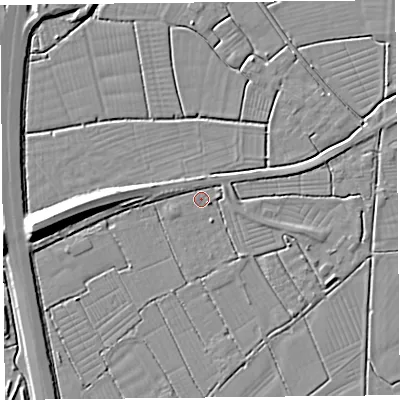 Shaded relief map of the ground around BS262TQ, computed from Environment Agency LiDAR. The ground here sits at about 6 m above sea level and falls 9 m across the surrounding 800 m. Surface water reaching this point runs off ground lying to the south-east, 1.9 m higher.
