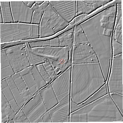 Shaded relief map of the ground around BS262TT, computed from Environment Agency LiDAR. The ground here sits at about 6 m above sea level and falls 3 m across the surrounding 800 m. Surface water reaching this point runs off ground lying to the west-north-west, 1.1 m higher.