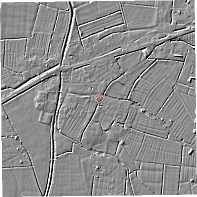 Shaded relief map of the ground around BS262TX, computed from Environment Agency LiDAR. The ground here sits at about 6 m above sea level and falls 3 m across the surrounding 800 m. Surface water reaching this point runs off ground lying to the west-south-west, 0.7 m higher.