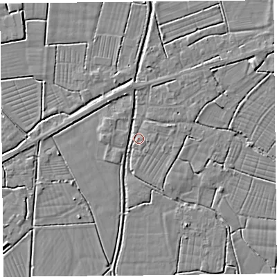 Shaded relief map of the ground around BS262TY, computed from Environment Agency LiDAR. The ground here sits at about 6 m above sea level and falls 3 m across the surrounding 800 m. Surface water reaching this point runs off ground lying to the north-east, 2.1 m higher.
