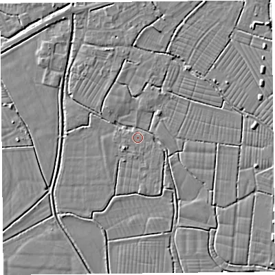 Shaded relief map of the ground around BS262TZ, computed from Environment Agency LiDAR. The ground here sits at about 5 m above sea level and falls 3 m across the surrounding 800 m. Surface water reaching this point runs off ground lying to the west-north-west, 1.6 m higher.