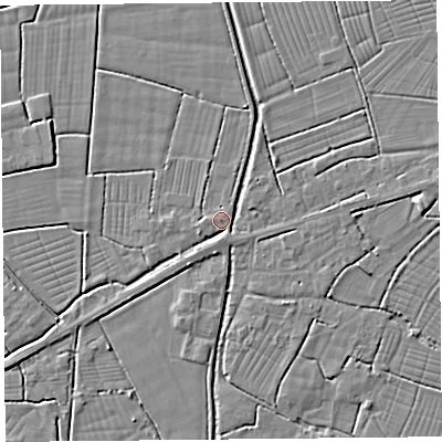 Shaded relief map of the ground around BS262UA, computed from Environment Agency LiDAR. The ground here sits at about 6 m above sea level and falls 3 m across the surrounding 800 m. Surface water reaching this point runs off ground lying to the south, 1.8 m higher.