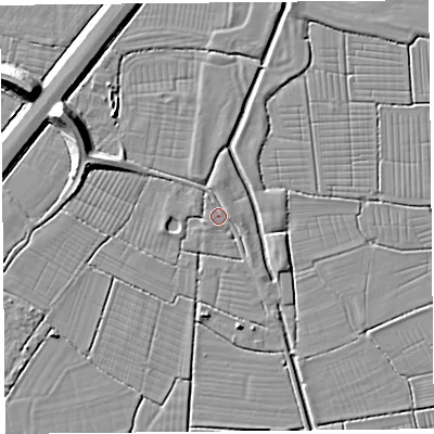 Shaded relief map of the ground around BS262UD, computed from Environment Agency LiDAR. The ground here sits at about 6 m above sea level and falls 9 m across the surrounding 800 m. Surface water reaching this point runs off ground lying to the east-north-east, 1.6 m higher.