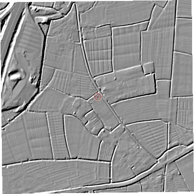 Shaded relief map of the ground around BS262UL, computed from Environment Agency LiDAR. The ground here sits at about 6 m above sea level and falls 5 m across the surrounding 800 m. Surface water reaching this point runs off ground lying to the south, 2.4 m higher.