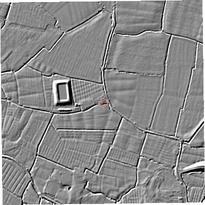 Shaded relief map of the ground around BS262UP, computed from Environment Agency LiDAR. The ground here sits at about 6 m above sea level and falls 7 m across the surrounding 800 m. Surface water reaching this point runs off ground lying to the north, 0.9 m higher.