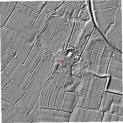 Shaded relief map of the ground around BS262US, computed from Environment Agency LiDAR. The ground here sits at about 7 m above sea level and falls 3 m across the surrounding 800 m. Surface water reaching this point runs off ground lying to the north-north-west, 0.8 m higher.