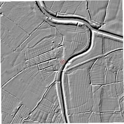 Shaded relief map of the ground around BS262UU, computed from Environment Agency LiDAR. The ground here sits at about 6 m above sea level and falls 5 m across the surrounding 800 m. Surface water reaching this point runs off ground lying to the east-north-east, 1.0 m higher.