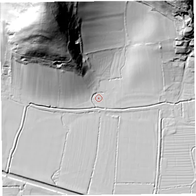 Shaded relief map of the ground around BS262XD, computed from Environment Agency LiDAR. The ground here sits at about 6 m above sea level and falls 91 m across the surrounding 800 m. Surface water reaching this point runs off ground lying to the north-north-west, 86.0 m higher.