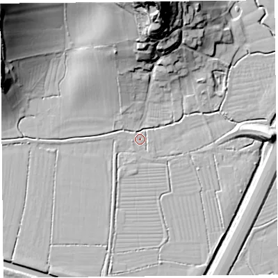 Shaded relief map of the ground around BS262XE, computed from Environment Agency LiDAR. The ground here sits at about 6 m above sea level and falls 47 m across the surrounding 800 m. Surface water reaching this point runs off ground lying to the north-north-west, 3.3 m higher.