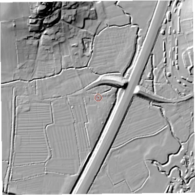 Shaded relief map of the ground around BS262XF, computed from Environment Agency LiDAR. The ground here sits at about 6 m above sea level and falls 38 m across the surrounding 800 m. Surface water reaching this point runs off ground lying to the south, 0.9 m higher.