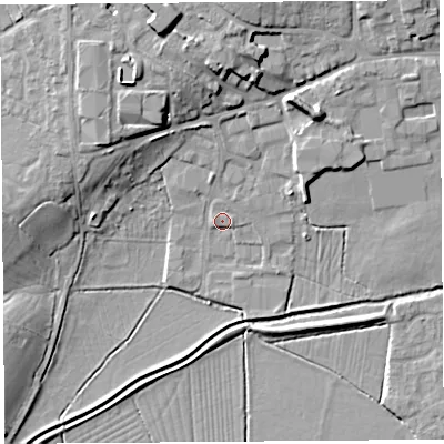 Shaded relief map of the ground around BS273EB, computed from Environment Agency LiDAR. The ground here sits at about 8 m above sea level and falls 13 m across the surrounding 800 m. Surface water reaching this point runs off ground lying to the west, 1.1 m higher.