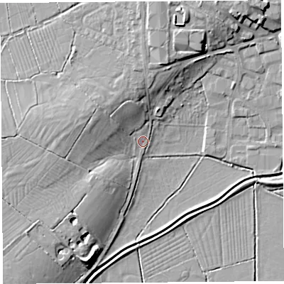 Shaded relief map of the ground around BS273ED, computed from Environment Agency LiDAR. The ground here sits at about 8 m above sea level and falls 12 m across the surrounding 800 m. Surface water reaching this point runs off ground lying to the north, 9.2 m higher.