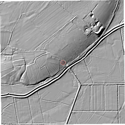 Shaded relief map of the ground around BS273EH, computed from Environment Agency LiDAR. The ground here sits at about 9 m above sea level and falls 10 m across the surrounding 800 m. Surface water reaching this point runs off ground lying to the west-north-west, 4.3 m higher.