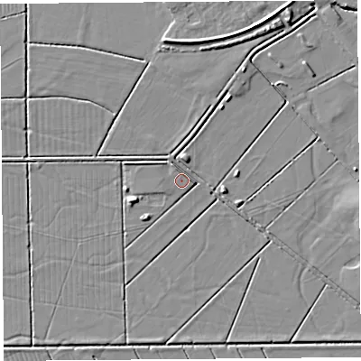 Shaded relief map of the ground around BS273FS, computed from Environment Agency LiDAR. The ground here sits at about 6 m above sea level and falls 5 m across the surrounding 800 m. Surface water reaching this point runs off ground lying to the north-north-west, 2.4 m higher.